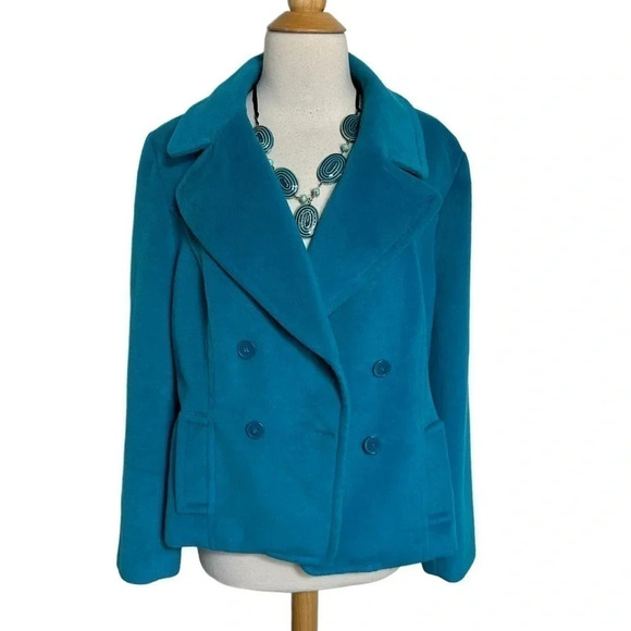 Liz Claiborne XL Teal cropped double breasted plush pea coat‎ - Picture 2 of 6